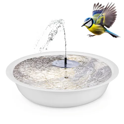 matches21 HOME & HOBBY Solar-Brunnen Set - 64 cm Zink-Schale in Weiß - Teichdekoration mit 5 wechselbaren Aufsätzen, integriertem Filter und Solarbetrieb für umweltfreundliche Garten-Deko und Vogeltränke.