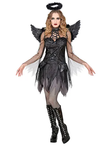 W WIDMANN MILANO Party Fashion - Kostüm Dunkler Engel - Kostüm-Outfits für Erwachsene, sexy Engel mit kurzgeschnittenem Kleid, Flügeln und Heiligenschein, ideal für Halloween und Fasching.
