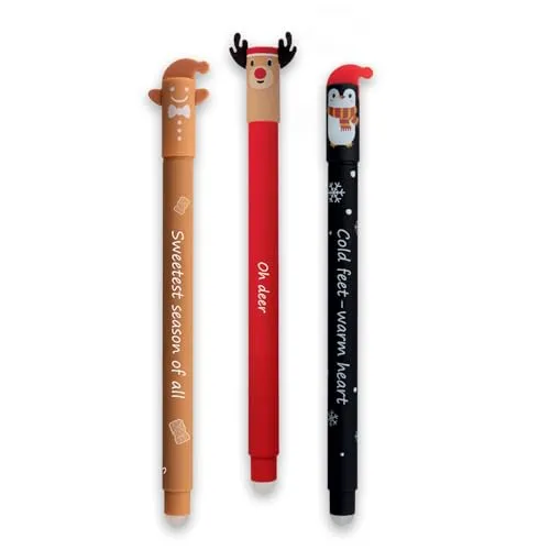 Eberhard Faber Animal Erase Stifte - Korrigierbarer Gelschreiber Winterset - 3 radierbare Gelstifte mit süßen Wintermotiven: Pinguin, Lebkuchen und Rentier. Ideal für Schule und Büro, mit 0,7 mm Strichstärke für präzises Schreiben. Nachfüllbar für nachhaltigen Einsatz.