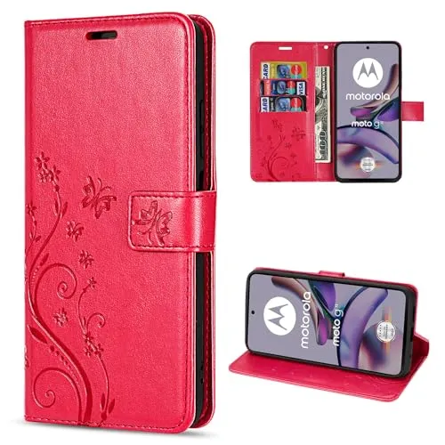 betterfon Hülle Kompatibel mit Motorola Moto G13 / G23 | Premium PU Leder Handyhülle Wallet Case für Moto G13 / G23 | Schutzhülle Blumen Klapphülle Handyhülle | Rot