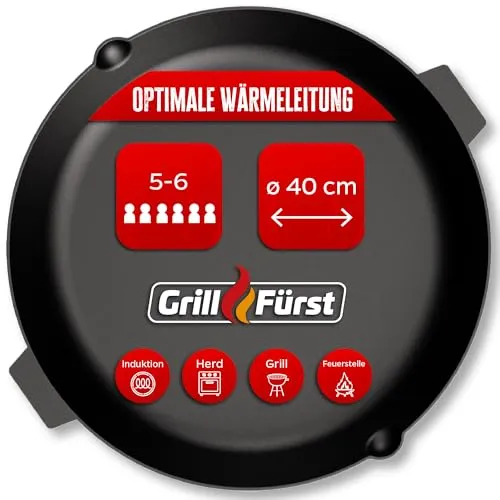Grillfürst Gusseisenpfanne Ø 40 cm - Hitzebeständige Grillpfanne mit zwei Henkelgriffen - Pfannen - Extrem hitzebeständige Gusseisenpfanne, ideal für Gasgrill, Herd und Feuer. Gleichmäßige Wärmeverteilung für perfektes Grillen von Steak und Gemüse.