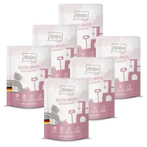 MjAMjAM Premium Nassfutter für Katzen - Quetschie mit Garnelen und Hühnchen, 6er Pack - Leckeres, getreidefreies Katzenfutter mit hohem Fleischanteil (300g pro Packung) für artgerechte Ernährung. Ideal für kleine Portionen oder zum Probieren, aus regionalen Zutaten hergestellt.