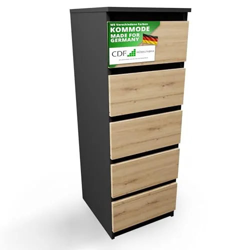 CDF Kommode Anthrazit Artisan Hoch - Kommode mit 5 Schubladen, ideal für platzsparenden Stauraum in kleinen Räumen. Modernes Design und pflegeleichte Oberfläche machen sie zum perfekten Ordnungshüter.