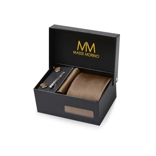 Massi Morino Krawatte Braun mit Einstecktuch Set - Krawatten & Fliegen-Sets für Herren, 5-in-1 Geschenkset mit hochwertiger Krawatte, Einstecktuch, Manschettenknöpfen und Krawattennadel in edler Geschenkbox für stilvolle Anlässe.
