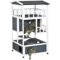 PawHut Katzenhaus 4-stöckig 78 x 76 x 140 cm - wetterfestes Katzenparadies mit drei Höhlen und Sprungplattformen, ideal für kleine Katzenfreunde
