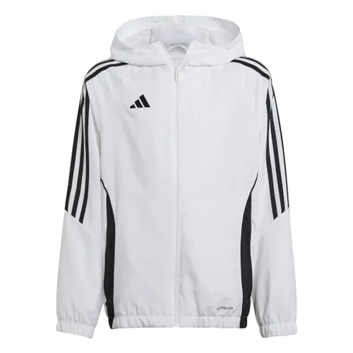 adidas Performance Tiro 24 Windbreaker Kids - Weiße und schwarze Jacke für junge Fußballfans - Fußball-Fanshop, stylischer Windbreaker mit Kapuze aus leichtem Polyester, ideal für sportliche Aktivitäten und Freizeit.