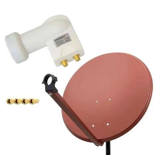Premium X Satelliten-Komplettanlage 80cm - Robuste 80 cm Satellitenschüssel in Ziegelrot, ideal für 2 Teilnehmer mit wasserdichtem Twin LNB für besten Empfang, unterstützt 4K und Full-HD.
