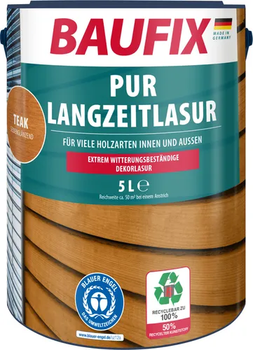 Baufix Holzlasur PUR-Langzeitlasur 5,0l - Wetterfest und strapazierfähig - Wasserbasierte Holzlasur für innen und außen, ideal für Holzhäuser und Zäune. Erhöhte Witterungs- und UV-Beständigkeit dank Polyurethananteil, betont die Holzmaserung und ist besonders geruchsarm.