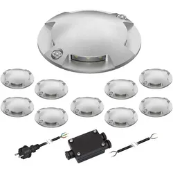 ledscom.de LED Bodenleuchte RUNDA für außen, IP67, 4-flammig, aluminium, rund, 70mm Ø, warmweiß, 10-er Set - Die RUNDA 4-Beam Bodenleuchte bietet seitliche Lichtabstrahlung für blendfreies Licht in Außenbereichen. Mit IP67-Schutz und robustem Aluminium ist sie ideal für Wege und Einfahrten, einfach direkt an 230 V anschließbar.