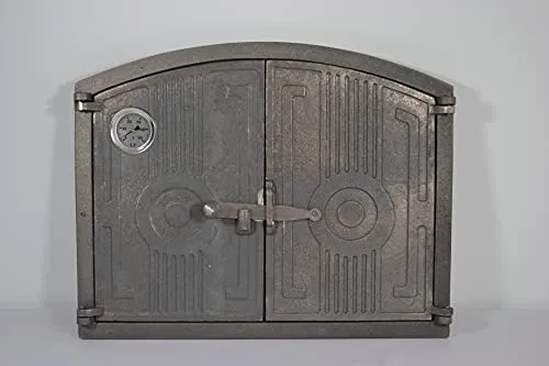 SEZAM Doppeltür aus Gusseisen für Pizzaöfen mit Thermometer - 500 °C, halbrund, 48 x 3 x 38 cm - Die doppelseitige Gusseisentür von Sezam ist ideal für Pizza- und Steinöfen. Mit robustem Design und integriertem Thermometer sorgt sie für optimale Temperaturregelung und ist ein Blickfang in jedem Garten oder Gastronomiebetrieb.