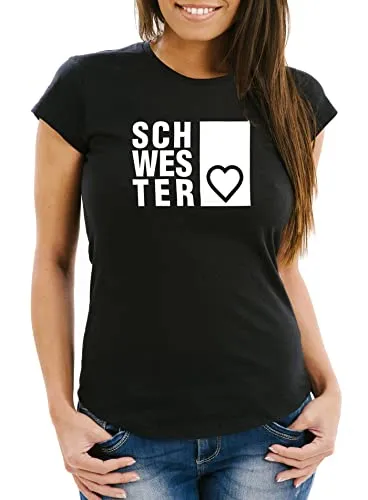 MoonWorks Damen T-Shirt Schwesterherz Schwester Geschenk Geburtstag Slim Fit schwarz M