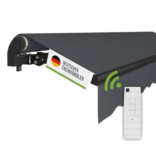 empasa Elektrische Gelenkarmmarkise 'Start Plus' - Motorisierte Sonnenmarkise - Markise mit Fernbedienung und Nothandkurbel, komplett vormontiert für einfache Installation und stabilen Halt. Wetterfester, UV-beständiger Stoff in verschiedenen Farben für individuellen Sonnenschutz.