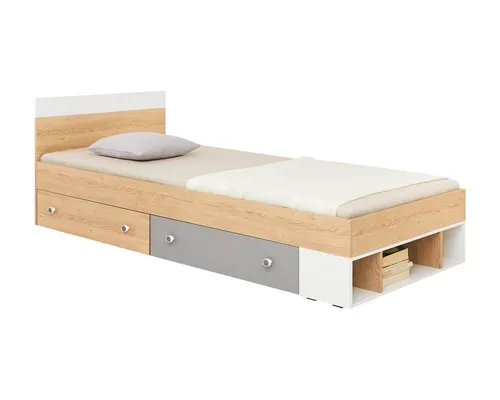 Deine Möbel 24 Jugendbett POKO 15 120x200cm in Biskuiteiche / Weiß Lux / Grau - Stylisches Jugendbett der POKO Kollektion, ideal für kreative Raumgestaltungen. Robust und funktional, bietet es viel Stauraum und überzeugt durch modernes Design und hohe Verarbeitungsqualität.