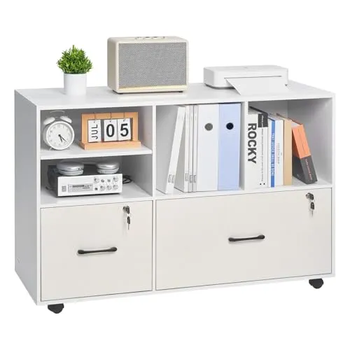 VEVOR Aktenschrank aus Holz mit 2 Schubladen – Mobiler Büroschrank in Weiß - Praktischer Aktenschrank mit 2 abschließbaren Schubladen und 4 offenen Regalen. Ideal für Ordnung im Büro und sicheren Stauraum für Dokumente und Bücher.