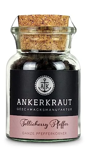 Ankerkraut Tellicherry Pfeffer, intensiv-aromatischer Premium-Pfeffer, ganze Körner, Spätlese-Pfeffer, 70g im Korkenglas