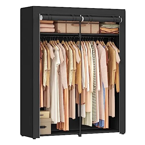 SONGMICS Faltbarer Aufbewahrungsschrank mit Aufhängestange, Schwarz - Faltbarer Stoffschrank mit 2 Aufhängestangen, ideal für Schlafzimmer und Arbeitszimmer. Robuste Konstruktion mit 10 kg Tragfähigkeit pro Regal und 30 kg für die Stange, inklusive Staubschutz für Ihre Kleidung.