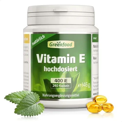 Vitamin E, hochdosiert, 400iE - 120 Kapseln (Softgel). 100% natürliches Vitamin E – schützt die Zellen vor oxidativem Stress (Antioxidant). OHNE künstliche Zusätze - laborgeprüft. Von Greenfood.