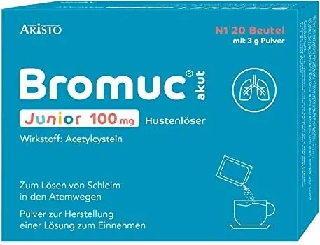 BROMUC akut Junior 100 mg Hustenlöser für Kinder - Kindgerechter Hustenlöser mit 100 mg Acetylcystein, ideal für Kinder ab 2 Jahren. Leicht in Wasser aufzulösen, mit gutem Orangengeschmack – perfekt für den Alltag.