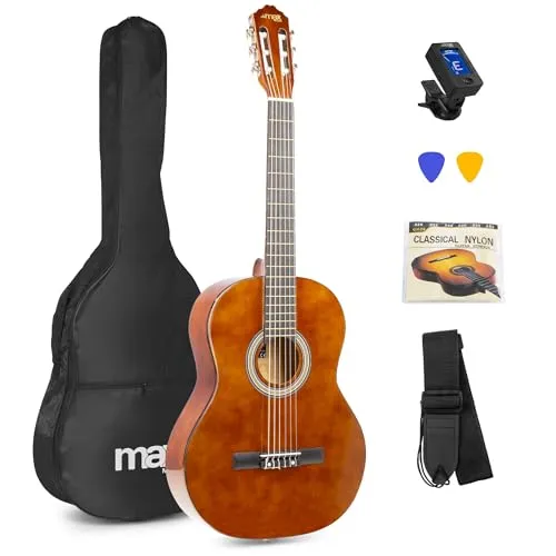 MAX SoloArt 4/4 Akustik Gitarre für Anfänger inkl. Zubehör - Vielseitige Akustikgitarre für Einsteiger, ausgestattet mit Nylon-Saiten für warmen Klang. Im Set enthalten sind Tasche, Stimmgerät, Plektrum und Gurt – ideal für den sicheren Transport und einfaches Stimmen.