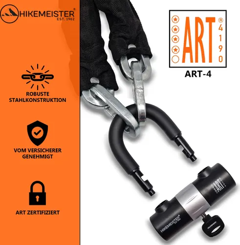 HikeMeister® Kettenschloss Fahrradschloss | Hohe Sicherheitsstufe | ART 4 Zertifikat | Schloss für Roller E-Scooter Motorrad Moped E-Bike & hochwertiges Fahrrad Kette 120 cm - Dicke: 11 mm