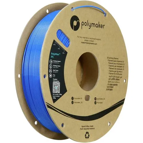 Polymaker PolyMax™ Tough PC - Blau, 1.75mm, 750g - Hochleistungs-Polycarbonat-Filament für 3D-Druck mit beeindruckender Zugfestigkeit von 53,4 MPa und hitzebeständig bis 114,1°C, ideal für robuste Prototypen und industrielle Anwendungen.