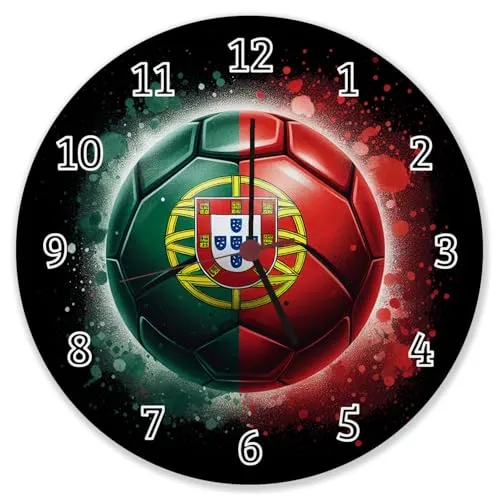 speecheese Fußball Portugal Flagge Wanduhr aus Alu EM 2024 Sportliche Wanduhr aus Alu in grün-rot mit Ball-Motiv - Perfekt für alle portugiesischen Fußballfans