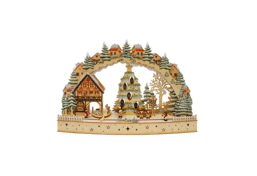 HTI-Living LED Schwibbogen Winterdorf mit Zapfen - Schwibbögen für festliche Weihnachtsdeko, detailreicher Lichterbogen aus Holz mit warmweißer LED-Beleuchtung, ideal für Fensterbank oder Kaminsims.