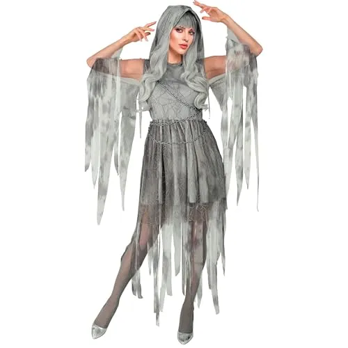 W WIDMANN MILANO Kostüm Ghostly Spirit - Halloween Verkleidung für Frauen - Kostüm für Erwachsene in Größe M, schauriges Design mit transparenten Ärmeln und Kapuze, ideal für Halloween und Karneval, inklusive angenähter Kopfbedeckung.