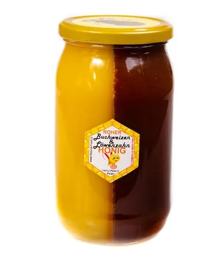 Natural Food Roher Honig - 2in1 Buchweizen- & Löwenzahnhonig 1,1 kg - Brotaufstriche: 100% rein und unverarbeitet, voller natürlicher Enzyme und Antioxidantien für Ihr Wohlbefinden.