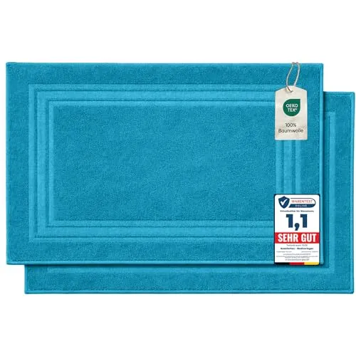 Komfortec 2er Badvorleger aus 100% Baumwolle, 600 GSM, Duschvorleger, Waschbar, Badteppich, Saugfähig, Frottee, 50x70 cm, Türkis