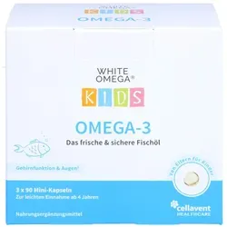 White Omega Kids Weichkapseln - Nahrungsergänzungsmittel mit hochreinen Omega-3-Fettsäuren aus 100% Anchovis, ideal für die gesunde Entwicklung von Kindern.