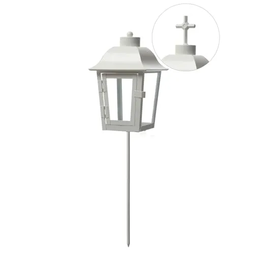 Grablaterne Grablicht mit 2 wechselbaren Spitzen - Außenlaterne für Friedhof und Garten, mit langlebigem Design aus weiß lackiertem Blech und 2 austauschbaren Spitzen (Kugel & Kreuz) für persönliche Akzente.