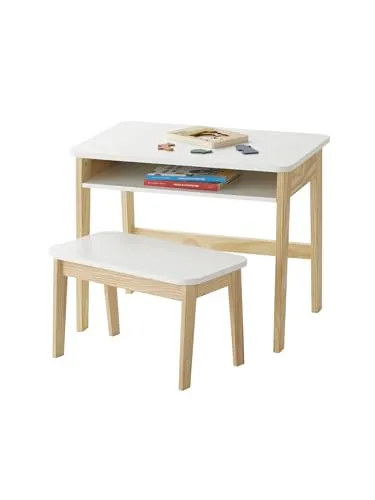 VERTBAUDET Schreibtisch + Hocker für Kindergarten und Schule, weiß - Stabiler Schreibtisch mit massiven Kiefernholzbeinen und großer Aufbewahrungsnische für Ordnung. Ideal für kreative Lernumgebungen. Zur Selbstmontage.