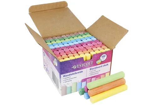 WESTCOTT Malkreide Kreide 100 Stück Mix, Vorteilspack Tafelkreide 1,2cm ⌀ Bunt, (Vorteilspack, 100-tlg), staubarm & leicht abwischbar