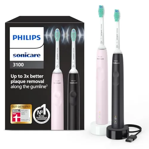 Philips Sonicare 3100 - Elektrische Zahnbürste im Zweierpack, effektive Plaque-Entfernung mit Andruckkontrolle und Timer, ideal für sanfte Mundpflege