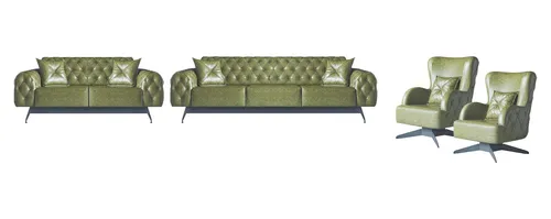 Chesterfield Polster Set 4tlg. in Grün – 3-Sitzer, 2-Sitzer und Sessel - Elegantes Sofa-Set für das Wohnzimmer, bestehend aus einem 3-Sitzer, 2-Sitzer und zwei Sesseln. Hochwertiger Polyesterbezug, klassisches Design und bequem mit Kissen für entspannte Stunden.