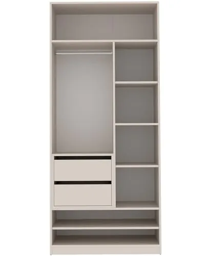 Marmex TRES SET13 Offener Kleiderschrank mit Schubladen - Schiebetürenschrank mit 3 variablen Einlegeböden und 2 Schubladen, ideal für stilvolle und organisierte Aufbewahrung in graubeige cashmere.