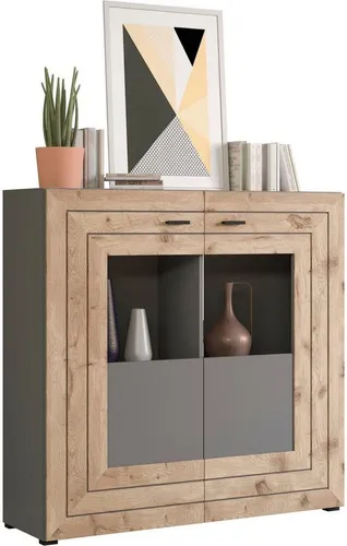 INOSIGN Highboard Aalborg, 117cm mit Glastüren - Modernes Highboard in Holzoptik mit 2 Glastüren und 6 variablen Fächern für flexiblen Stauraum. Ideal zur stilvollen Präsentation von Deko und für ein aufgeräumtes Wohnzimmer.