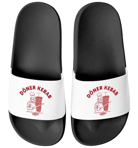 MoonWorks Lustige Badeschlappen mit Döner Kebab Motiv - Unisex Badeschuhe in Größe 43, schwarz-weiß, aus 100% PVC – ideal für entspannte Tage am Strand oder im Schwimmbad!