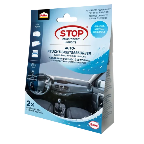 Pattex Aero 360° Auto Sachet - Luftentfeuchter für Autos, 2 x 50g - Effektiver Luftentfeuchter für Autos mit ultrasaugfähigem Granulat, das Feuchtigkeit in ein Gel umwandelt. Ideal für ein angenehmes Raumklima im Fahrzeug.