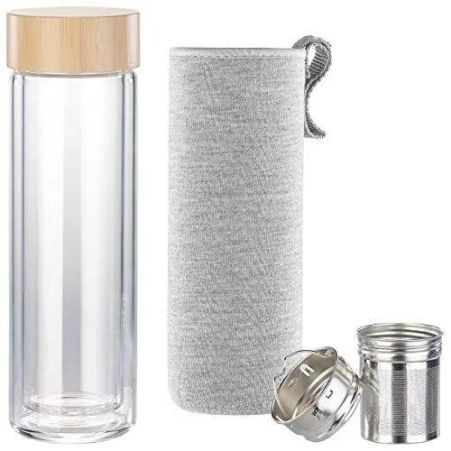 Cucina di Modena 【Doppelwandige Teeflasche】Doppelwandige Glasflasche mit Neoprenhülle und Teesieb, 400ml (Thermosflasche)