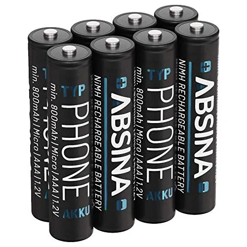 ABSINA 8X AAA Akku für Gigaset Telefon - NiMH Akku AAA für Telefon 800mAh - Akkus wiederaufladbar Gigaset CL660HX, A415, A400, C300, C430, C475, C530, AS690, E290, 520HX UVM - Aufladbare Batterien