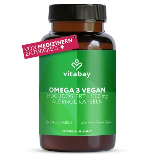 Vitabay Omega 3 Vegan 60 Kapseln - Hochdosierte Algenöl-Alternative - Vitabay Omega 3 Vegan Kapseln bieten eine pflanzliche Quelle für essentielle Fettsäuren. Mit 600 mg DHA und 300 mg EPA pro Tagesportion unterstützen sie die allgemeine Gesundheit und sind 100 % vegan sowie frei von Allergenen.