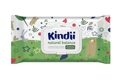 Kindii Natural Balance Feuchttücher – (1x60 Stück) Feuchttücher für Babys und Kinder – schützend, Aloe Vera, zarter Duft – 60 Stück