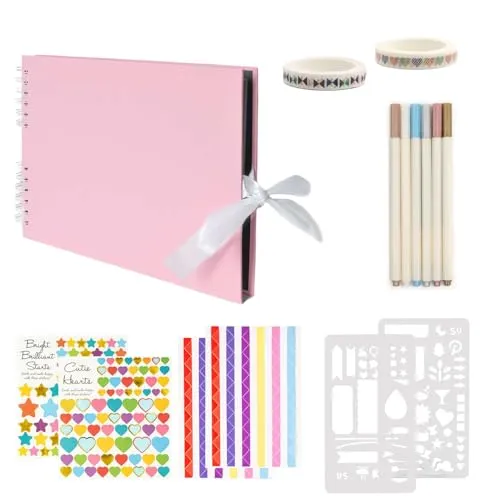 Intirilife Fotoalbum zum selbst gestalten in Rosa - 30.5 x 21.5 x 1.8 cm - Fotobuch mit Spiralbindung 80 schwarze Seiten DIY mit Stiften Stickern Schablonen, Geschenk Hochzeit