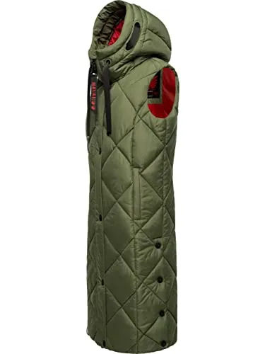 NAVAHOO Steppweste "Schnuckel" für Damen, Gr. S (36), olivgrün - Funktionsjacken: Modische, lange Damen-Weste mit Kapuze, wind- und wasserabweisend, ideal für Outdoor-Aktivitäten und kühle Tage.