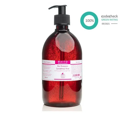 myrto-Bio Shampoo Sandelholz Hirse 500ml - Shampoo für gesundes Haar mit Sandelholz und Hirse, in praktischer 500ml Grosspackung - ideal für die tägliche Haarpflege und frei von synthetischen Zusätzen.