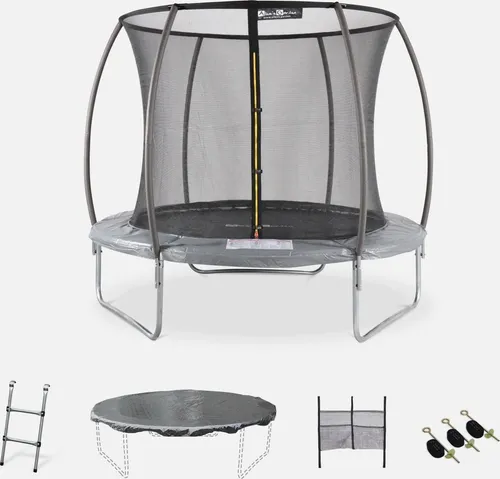 sweeek Trampolin 250 cm mit Sicherheitsnetz - Grau - Ideal für Familien: Unser Trampolin bietet ein internes Sicherheitsnetz und ein Komplettkit mit Leiter und Abdeckplane. Perfekt für sicheren Spaß im Freien!