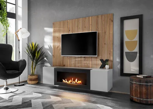ASM-Moebel Wohnwand XARI II PGAS-K mit Bio-Ethanol Kamin - Moderne Wohnwand mit integriertem Bio-Ethanol Kamin für gemütliche Abende. Push-Click System für einfache Montage und stylisches Design mit Lamellen und Print.