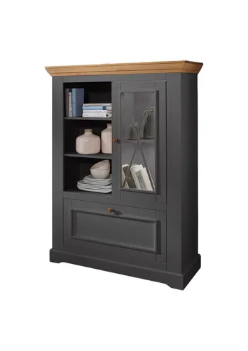 Main Möbel Highboard "Zürich II" 108x152cm Kiefer massiv grau - Elegantes Highboard aus massivem Kiefernholz mit 3 offenen Fächern und einer Klapptür. Ideal für stilvolle Aufbewahrung und Organisation in Ihrem Wohnraum.